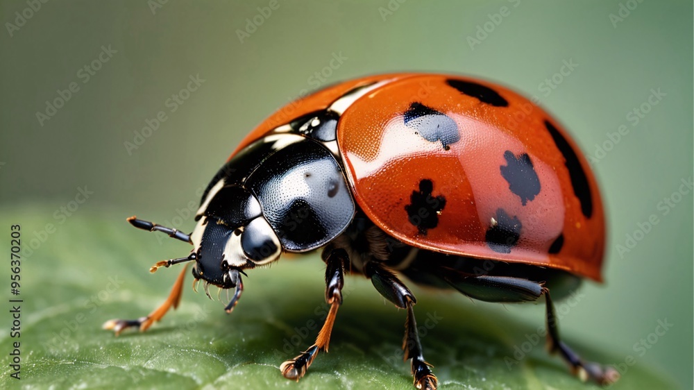 Close-up of a ladybug with red and black markings on a green leaf. Close-up of a ladybug with red and black markings on a green leaf.
