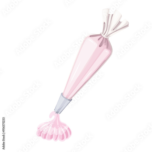 Squeezing pink whipped cream from cartoon bag for cake decorating. Making tart, cupcake with whipped cream by confectioner. Pastry, cooking mascot, cartoon decoration preparing vector illustration