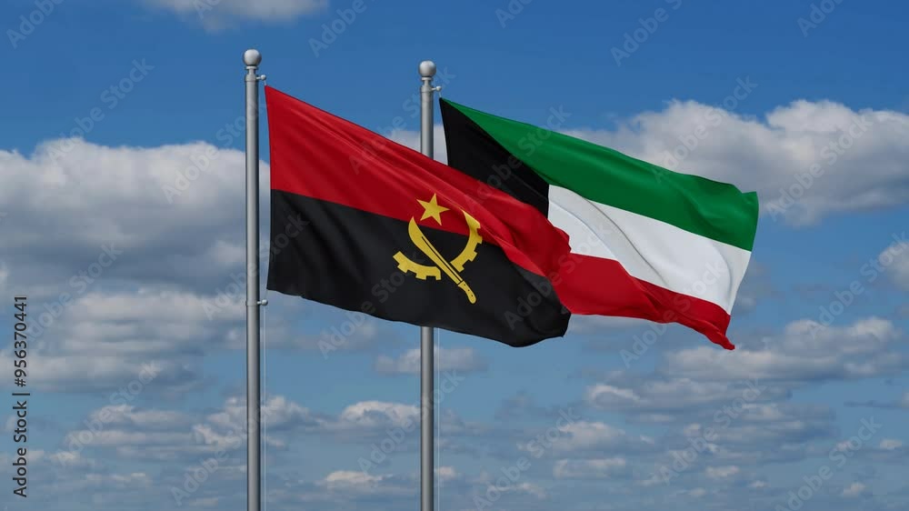 Kuwait and Angola flags flying together, video concept of the relationship, two country cooperation concept Kuwait and Angola flags flying together, video concept of the relationship, two country cooperation concept