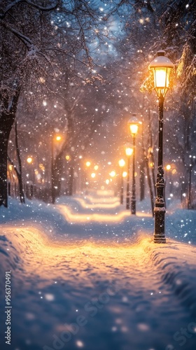 Magical Night Snowfall with Warm Streetlight Glow