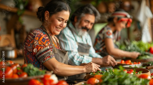 Hispanic Heritage Month . A scene of a Hispanic family preparing a traditional meal together, their laughter and conversation filling the kitchen as they share recipes and traditions.