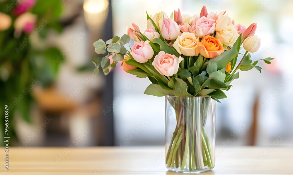 glass vase with mixed tulips and roses, Generative AI glass vase with mixed tulips and roses, Generative AI