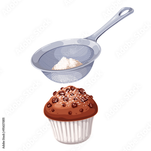 Sprinkle cartoon muffin with powdered sugar using sieve. Powder pouring on chocolate cake in paper baking cup. Pastry preparation, bakery mascot, cartoon tasty muffin cooking vector illustration