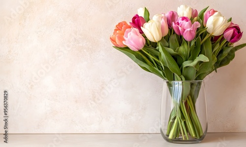  glass vase with mixed tulips and roses, Generative AI