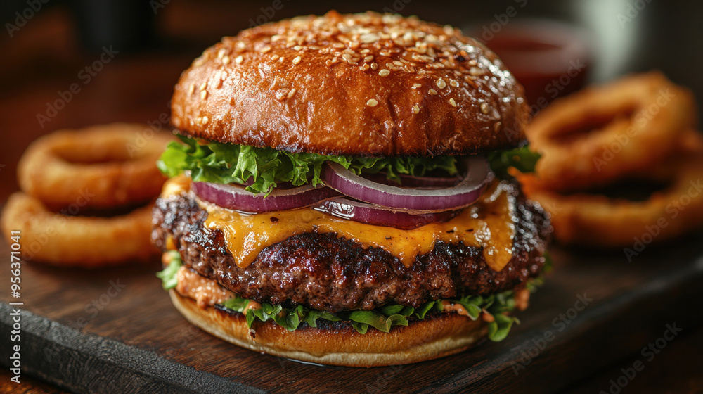 Cheeseburger and Onion Rings: A cheesy burger paired with crispy onion rings, highlighting the indulgent and flavorful combination. Cheeseburger and Onion Rings: A cheesy burger paired with crispy onion rings, highlighting the indulgent and flavorful combination.