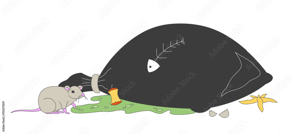 Trash bag with rotten leftovers and rat 2D cartoon object. Garbage ...