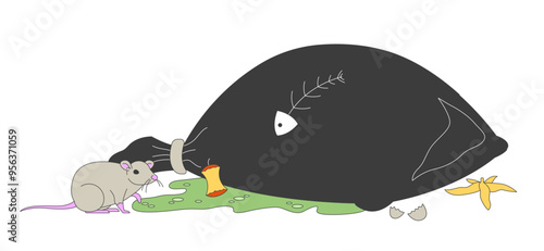Trash bag with rotten leftovers and rat 2D cartoon object. Garbage dumping. Waste pollution and pests population growing isolated element flat vector clipart on white background. Spot illustration