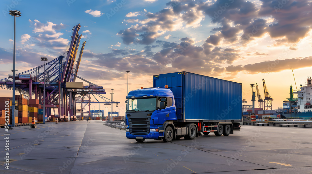 Truck trailer on the pier in the cargo port terminal with cranes and containers. AI Generated Truck trailer on the pier in the cargo port terminal with cranes and containers. AI Generated
