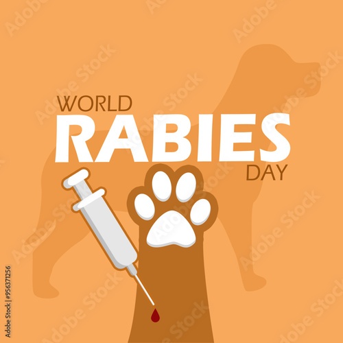 World Rabies Day event animal banner. A dog's paw with a syringe, dog icon and bold text on light brown background to celebrate on September 28th