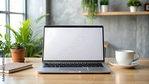 An open laptop with a blank white screen sitting on a wooden table, minimalist workspace, beige wall background