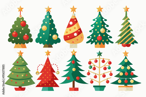 Christmas trees vector set isolated on white background, Colorful collection of Christmas New Year trees icon illustration