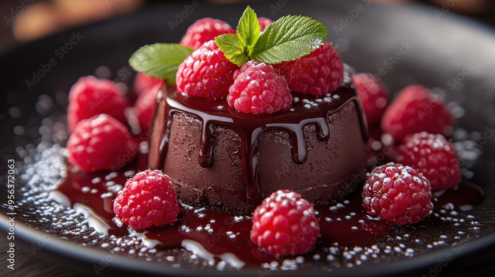 Chocolate and Raspberry Dessert: A decadent chocolate dessert paired with fresh raspberries and a drizzle of raspberry sauce, creating a perfect balance of flavors. Chocolate and Raspberry Dessert: A decadent chocolate dessert paired with fresh raspberries and a drizzle of raspberry sauce, creating a perfect balance of flavors.