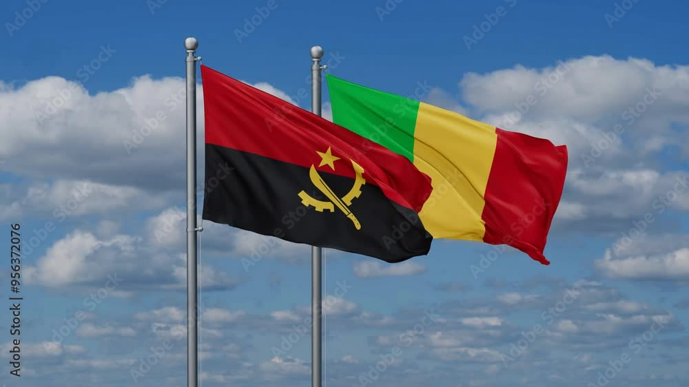 Mali and Angola flags waving together, video concept of the relationship, two country relations concept Mali and Angola flags waving together, video concept of the relationship, two country relations concept