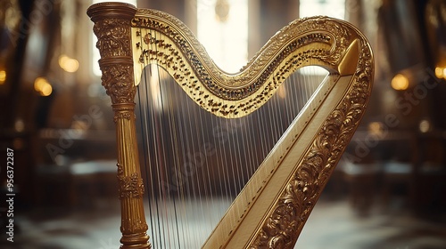 Harp golden frame intricate carvings and a cascade of strings