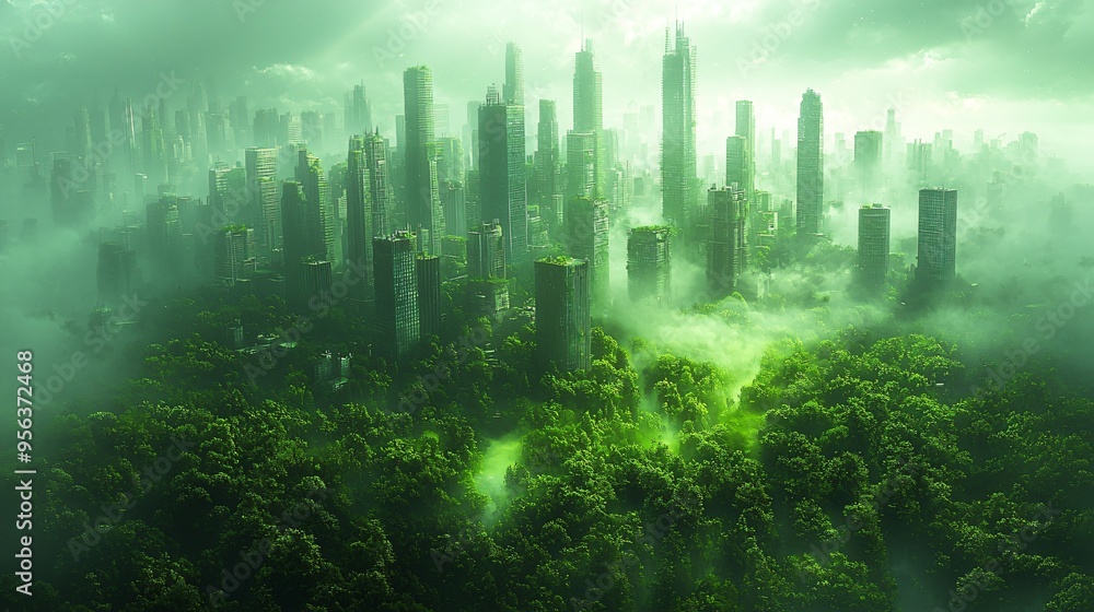 Futuristic cityscape with skyscrapers and lush green forests, ideal for eco-friendly business themes, urban planning, and sustainability projects. Futuristic cityscape with skyscrapers and lush green forests, ideal for eco-friendly business themes, urban planning, and sustainability projects.