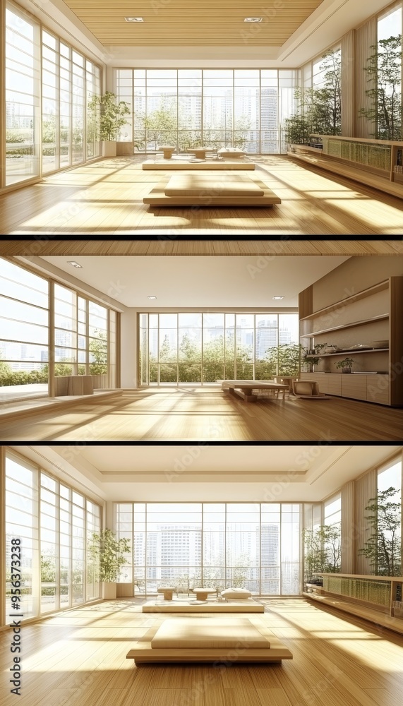 Three Views of a Serene, Minimalist Living Room, Japanese Style Decor, Natural Light, City Views Three Views of a Serene, Minimalist Living Room, Japanese Style Decor, Natural Light, City Views