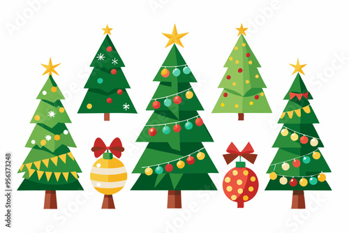 Christmas trees vector set isolated on white background, Colorful collection of Christmas New Year trees icon illustration