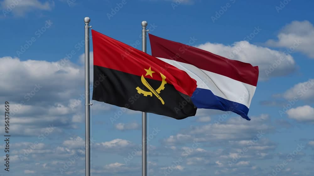 Netherlands and Angola flags flying together, video concept of the relationship, two country relations concept Netherlands and Angola flags flying together, video concept of the relationship, two country relations concept