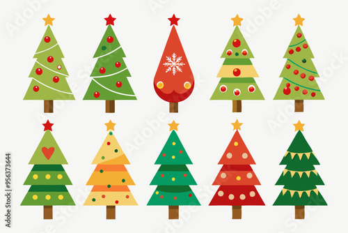 Christmas trees vector set isolated on white background, Colorful collection of Christmas New Year trees icon illustration