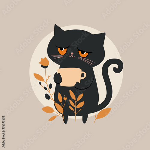Flat Cartoon Vector Design of a Cat Holding a Coffee Mug