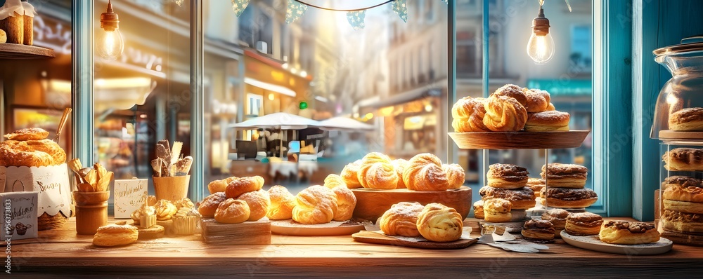 Bakery Window Display with Fresh Pastries. Bakery Window Display with Fresh Pastries.