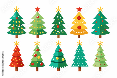 Christmas trees vector set isolated on white background, Colorful collection of Christmas New Year trees icon illustration