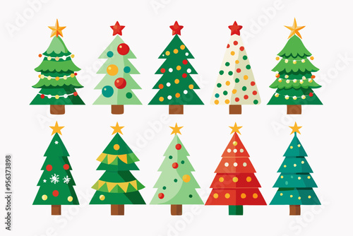 Christmas trees vector set isolated on white background, Colorful collection of Christmas New Year trees icon illustration