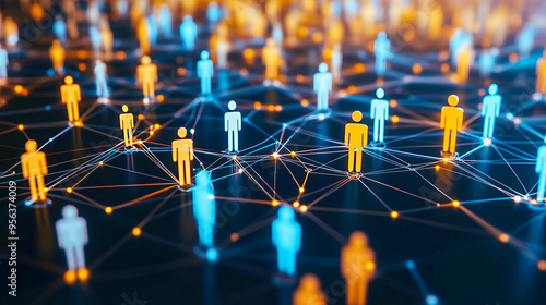 Group of schematic people connected by luminous dotted lines on a dark blue background. Schematic glowing 3D people. Concept of social networks, world wide web, global network connection, demography