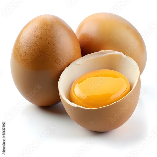 Cracked and whole chicken eggs  photo