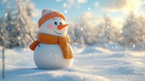 Cheerful Snowman Embracing Winter Joy - Whimsical 3D Illustration of Smiling Snowman with Colorful Scarf for Holiday Festivities and Christmas Delight