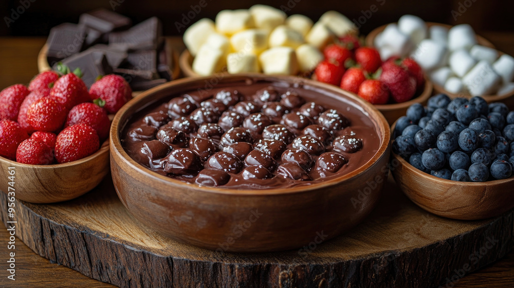 Chocolate Fondue: A beautifully arranged chocolate fondue set, with various fruits, marshmallows, and pastries ready for dipping into the rich, melted chocolate. Chocolate Fondue: A beautifully arranged chocolate fondue set, with various fruits, marshmallows, and pastries ready for dipping into the rich, melted chocolate.