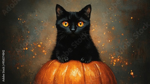 Black cat with glowing eyes, sitting on a magical pumpkin, sparks of enchantment around, Watercolor style