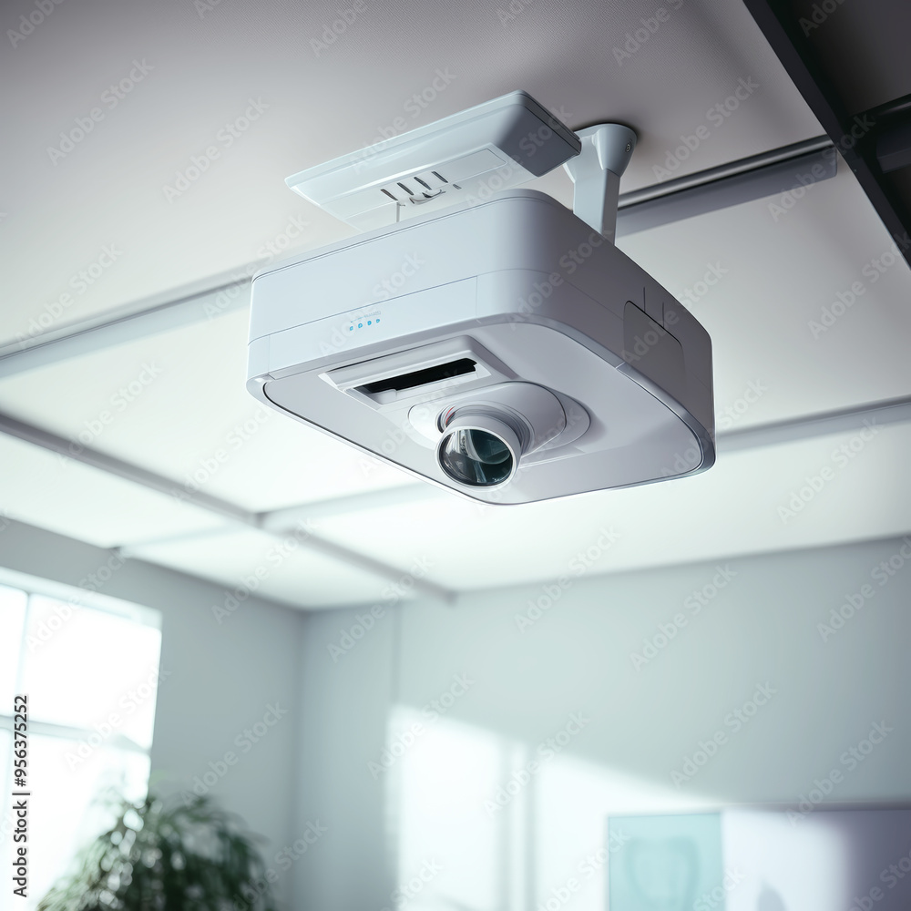 The square multimedia projector with lens hanging on the ceiling in the office The square multimedia projector with lens hanging on the ceiling in the office