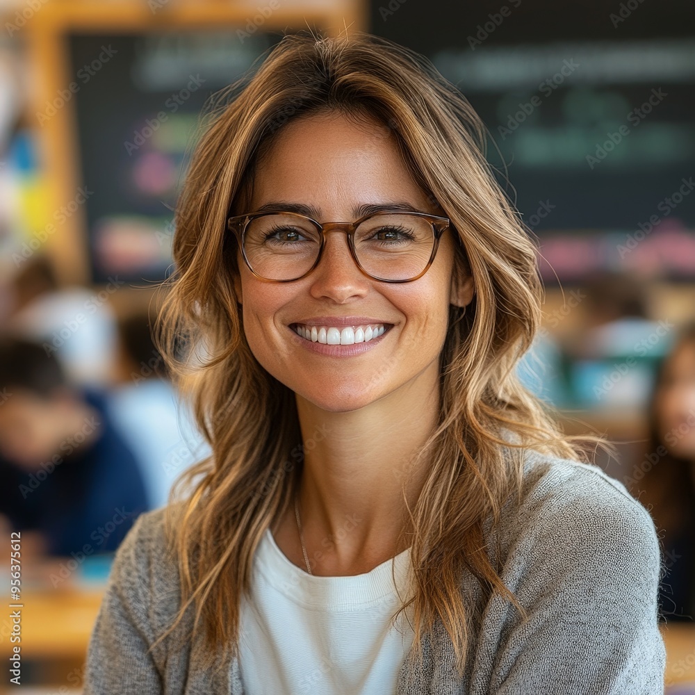 Warm Smile of a Cheerful Teacher in a Lively Classroom Warm Smile of a Cheerful Teacher in a Lively Classroom