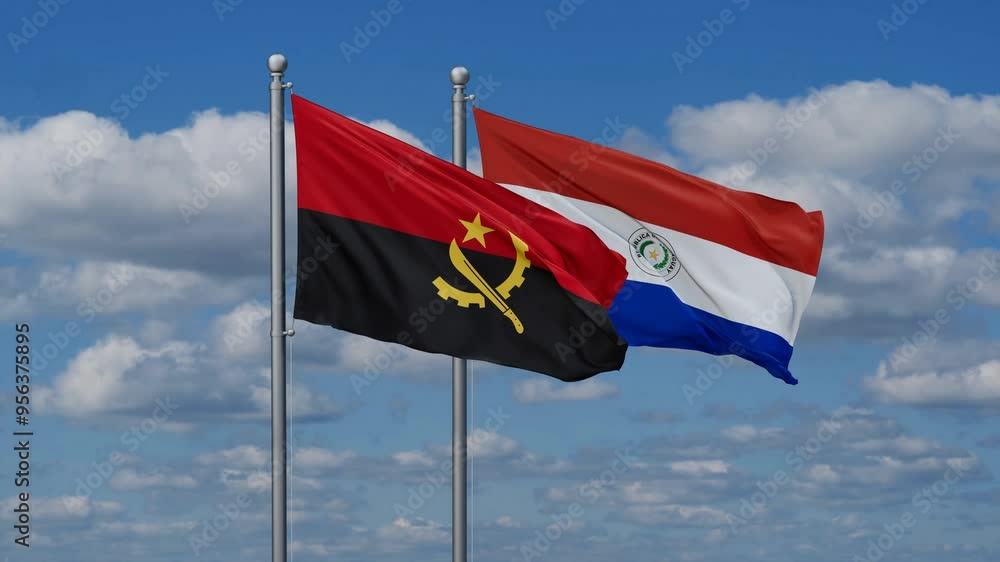 Paraguay and Angola flags flying together, video concept of the relationship, two country relations concept Paraguay and Angola flags flying together, video concept of the relationship, two country relations concept