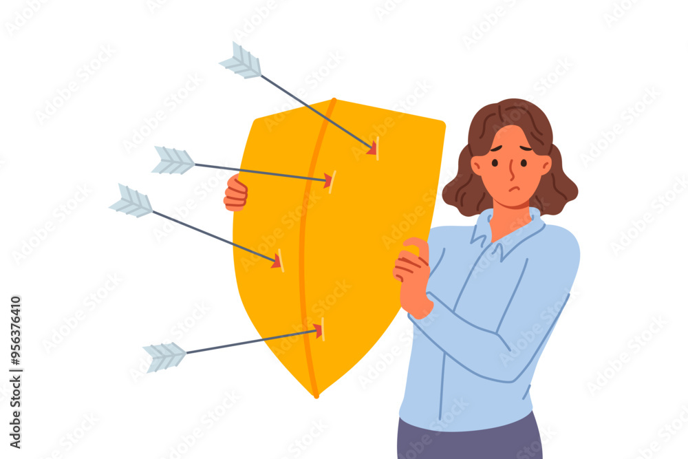 Upset woman defends from arrows of enemies, covering with shield to avoid injury. Girl defends and demonstrates defense mechanism that allows to escape from risk to life of elemental disorder