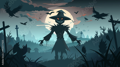 A creepy scarecrow in a dark, foggy field with crows perched on it.