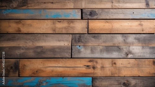 Rustic wooden planks with faded blue paint.