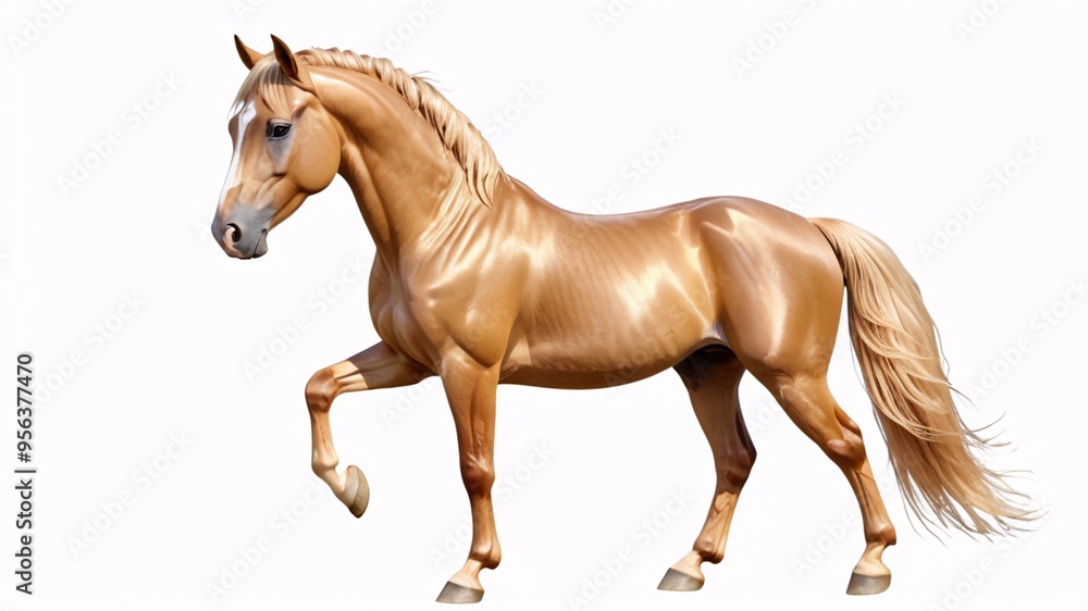 Obraz premium A golden palomino horse stands with a raised front leg on a white background.