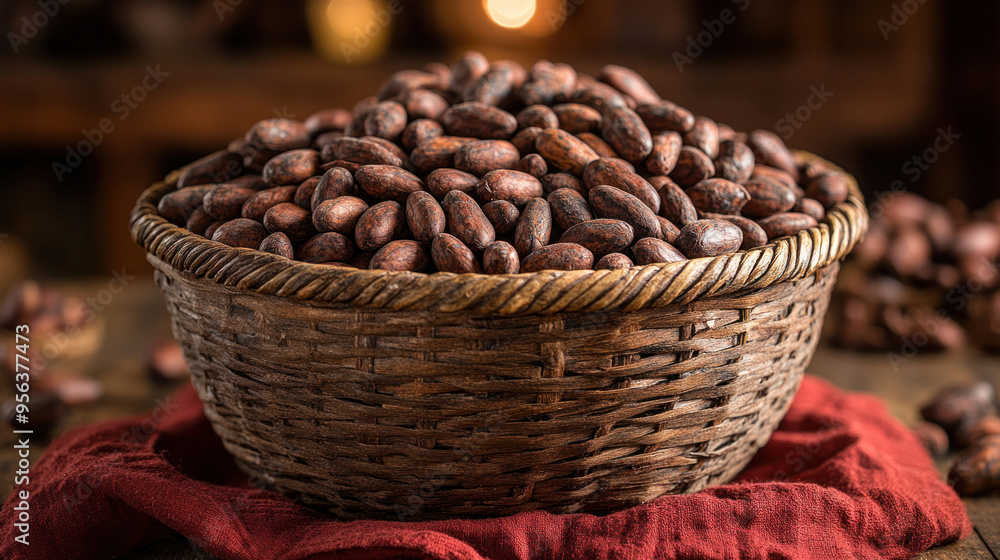 Cocoa Beans in a Basket: A traditional basket filled with cocoa beans, placed on a red cloth, highlighting the cultural significance of cocoa production. Cocoa Beans in a Basket: A traditional basket filled with cocoa beans, placed on a red cloth, highlighting the cultural significance of cocoa production.