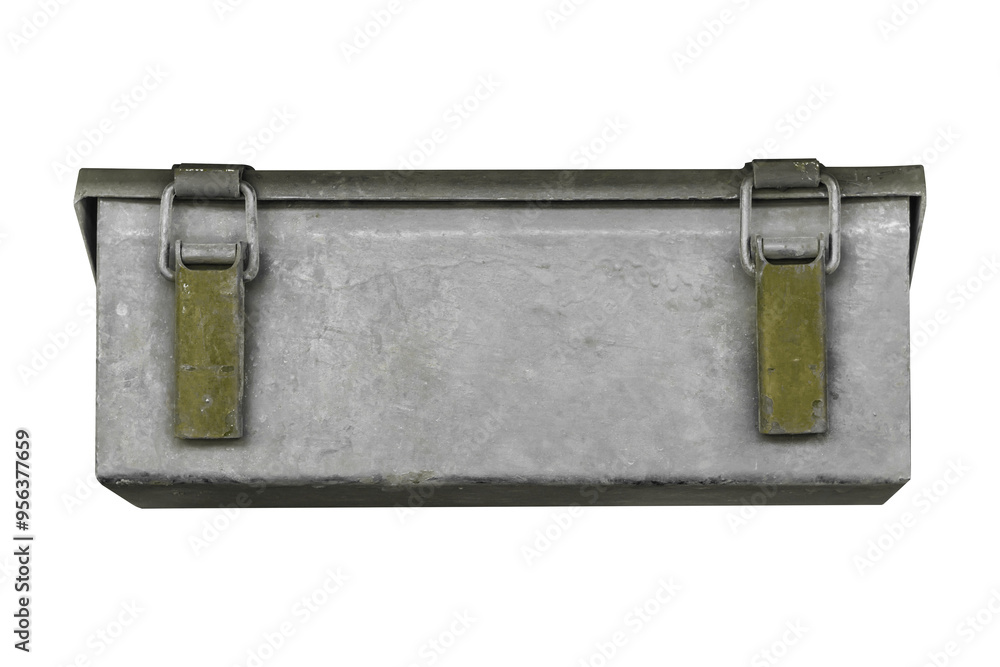 Fototapeta premium Rectangular metal military box with copyspace and weathered surface and two green latch closures on the top edge is isolated. 