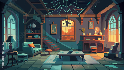 Spooky Haunted House Interior Vector Art: Cobwebs, Vintage Furniture, and Eerie Lighting
