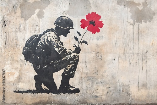 Soldier silhouette holding red flower on grungy wall