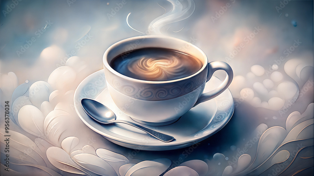 Fototapeta premium Morning coffee cup with swirling steam on elegant background in soft pastel colors