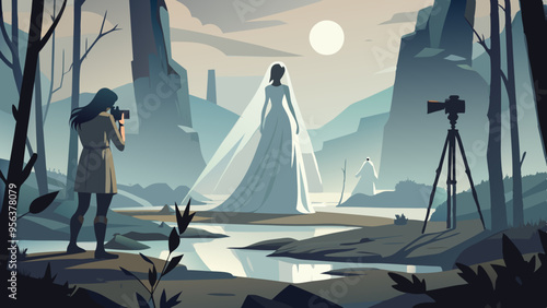 A hauntingly beautiful photo shoot featuring a ghostly bride in a desolate, misty landscape.