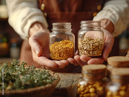 A close-up of a patientâ€™s hands holding a prescription for herbal medicine, as the homeopathic practitioner gently guides them through their wellness plan, in a cozy and inviting setting. photo