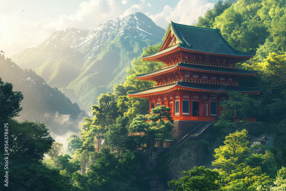 Sunlight shining on a traditional japanese temple in a forest setting with mountains in the background Sunlight shining on a traditional japanese temple in a forest setting with mountains in the background