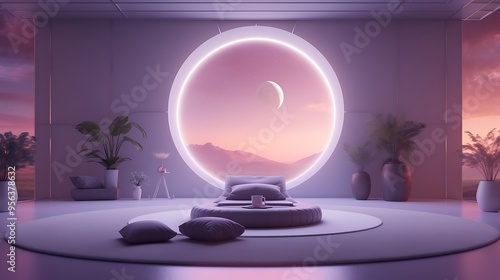 A futuristic meditation room with ambient lighting and a meditation cushion, creating a serene space for mindfulness in a modern setting.