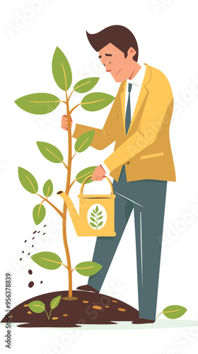 Entrepreneur Nurturing Growth and Profits, Holding Thriving Money Plant with Watering Can