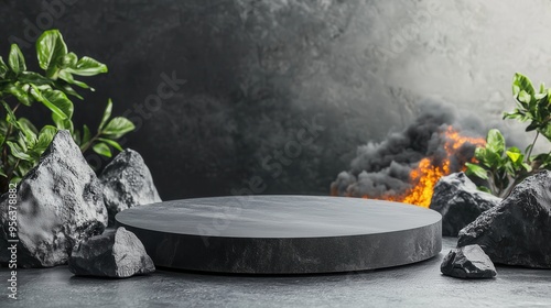 A modern pedestal surrounded by natural elements and textures, ideal for showcasing products in a striking environment.